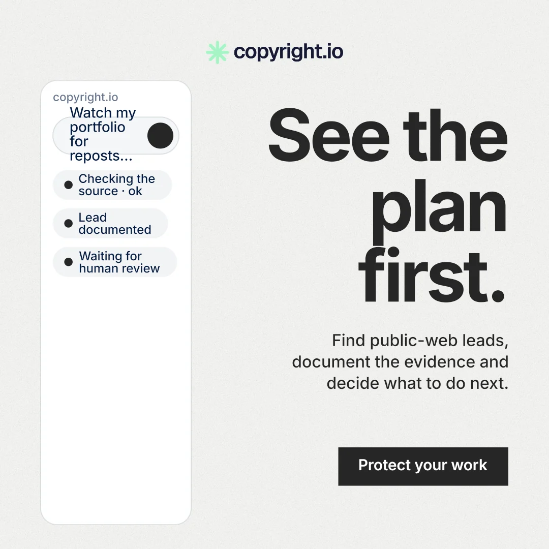 Instagram post for copyright.io: "See the plan first." Swiss style, right layout, light palette in white, grey.