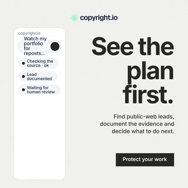 Instagram post for copyright.io: "See the plan first." Swiss style, right layout, light palette in white, grey.