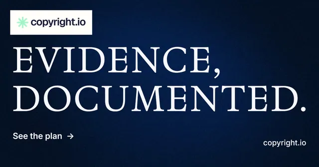 Social ad for copyright.io: "Evidence, documented." Minimal luxury style, poster layout, dark palette in blue, black, grey.