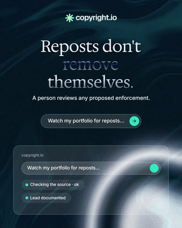 Instagram portrait post for copyright.io: "Reposts don't remove themselves." Agentic glass style, centred layout, dark palette in blue, black, grey.