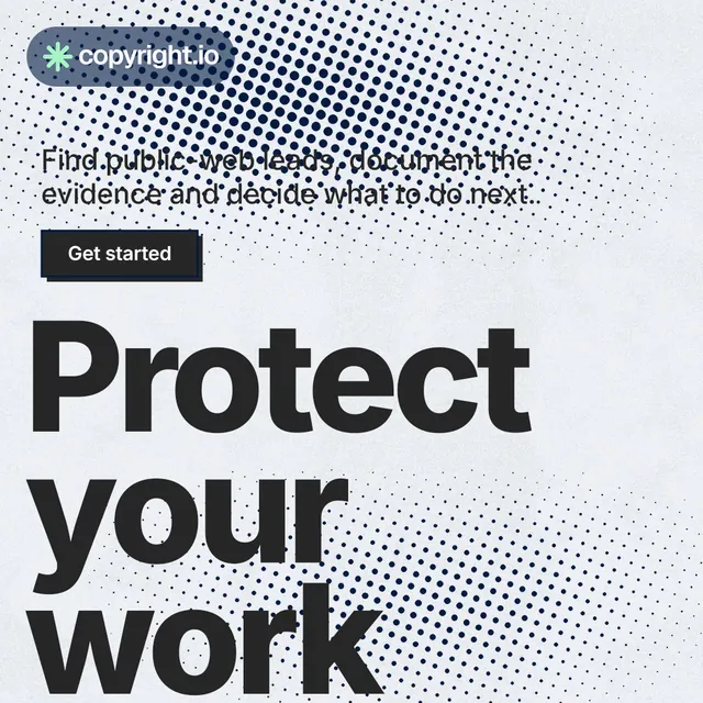 Instagram post for copyright.io: "Reposts don't remove themselves." Brutalist style, oversized layout, light palette in grey, white, blue.