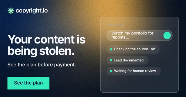 Social ad for copyright.io: "Your content is being stolen." Swiss style, bottom layout, dark palette in grey, black, blue.