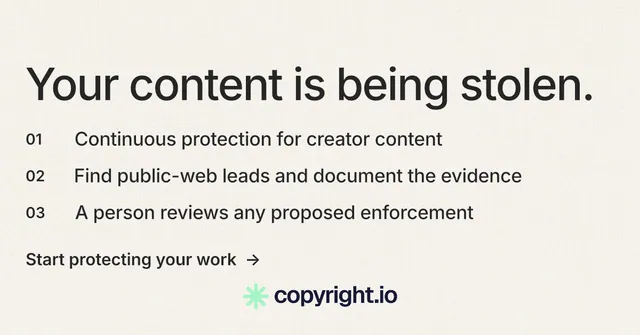 Social ad for copyright.io: "Your content is being stolen." Minimal luxury style, numbered layout, light palette in white, grey.