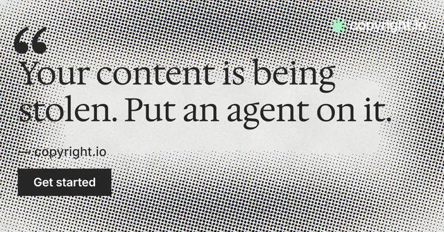 Social ad for copyright.io: "Find your reposted work." Swiss style, quote layout, light palette in grey, white.