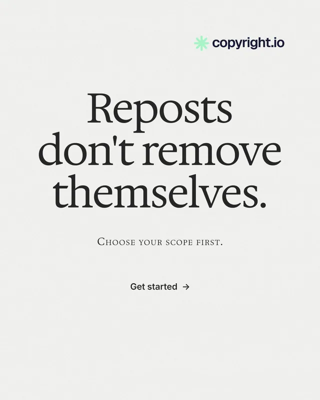 Instagram portrait post for copyright.io: "Reposts don't remove themselves." Minimal luxury style, smallcaps layout, light palette in white, grey.