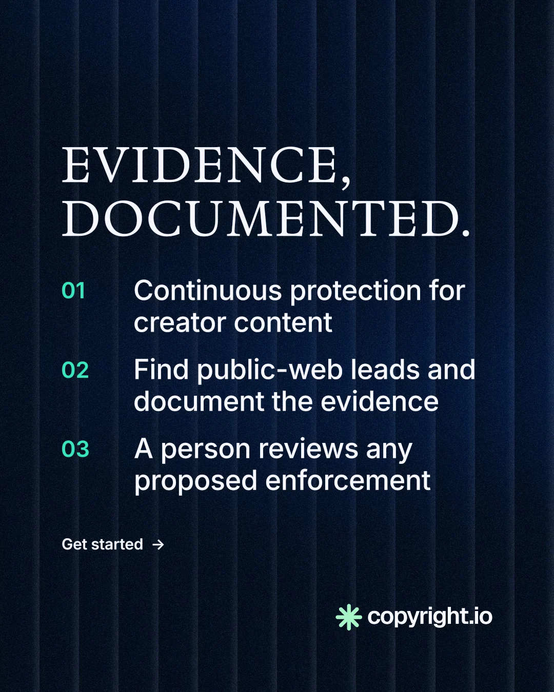 Instagram portrait post for copyright.io: "Evidence, documented." Minimal luxury style, numbered layout, dark palette in black, blue.
