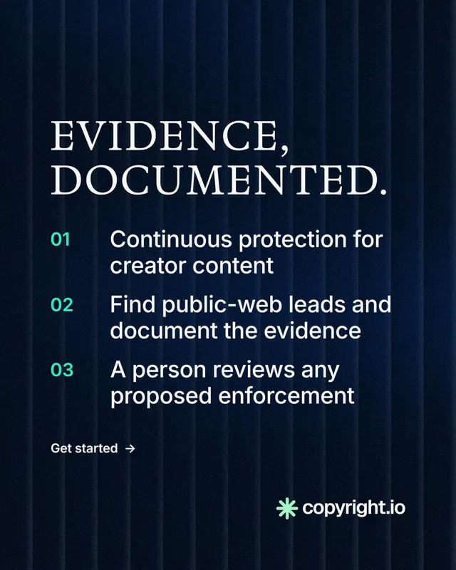 Instagram portrait post for copyright.io: "Evidence, documented." Minimal luxury style, numbered layout, dark palette in black, blue.