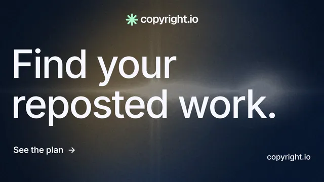 Landscape graphic for copyright.io: "Find your reposted work." Minimal luxury style, poster layout, dark palette in black, blue, grey.