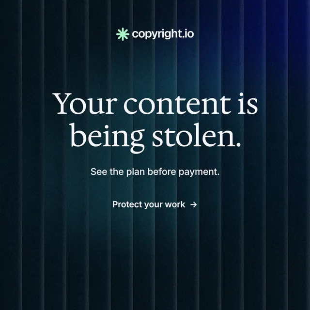 Instagram post for copyright.io: "Your content is being stolen." Minimal luxury style, centred layout, dark palette in black, blue.