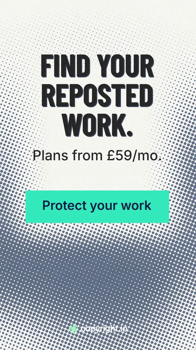 Instagram story for copyright.io: "Find your reposted work." Retro print style, skeleton layout, light palette in grey, white, teal.