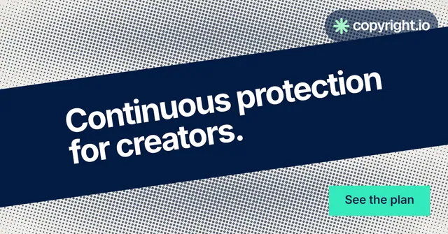 Social ad for copyright.io: "Continuous protection for creators." Swiss style, diagonal layout, light palette in blue, grey.