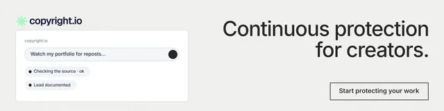 LinkedIn banner for copyright.io: "Continuous protection for creators." Editorial style, right layout, light palette in white, grey.