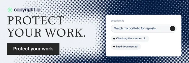 X header for copyright.io: "Protect your work." Split block style, skeleton layout, light palette in grey, blue, white.