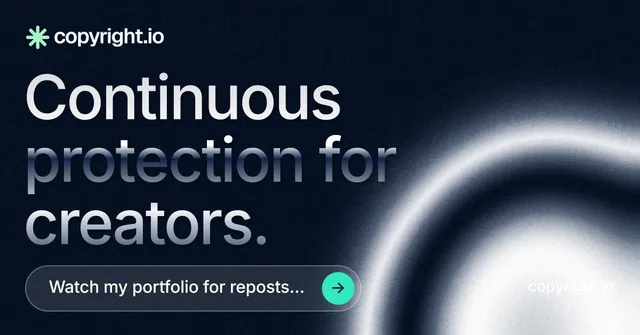 Social ad for copyright.io: "Continuous protection for creators." Agentic glass style, poster layout, dark palette in black, blue, grey.