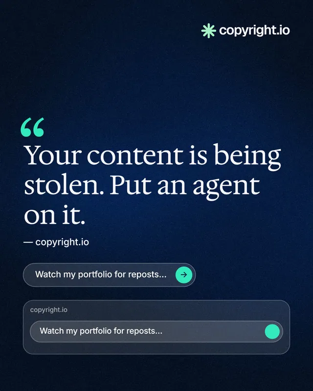 Instagram portrait post for copyright.io: "Your content is being stolen." Agentic glass style, quote layout, dark palette in blue, black.