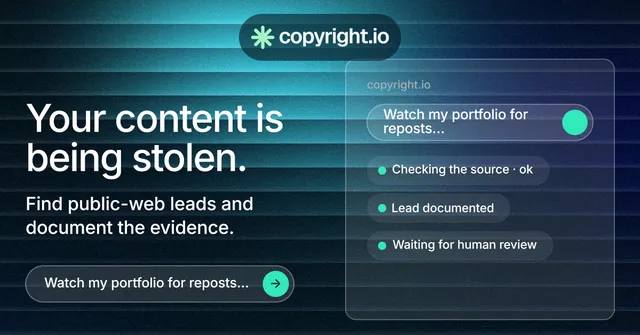 Social ad for copyright.io: "Your content is being stolen." Agentic glass style, bottom layout, dark palette in black, blue, teal.