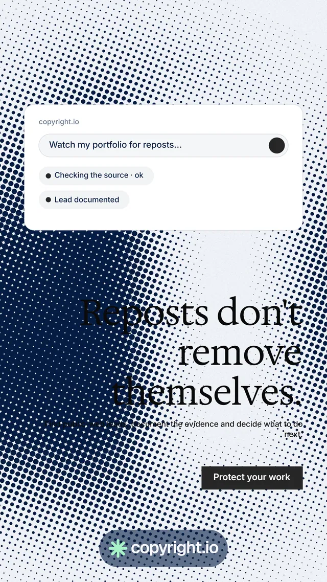 Instagram story for copyright.io: "Reposts don't remove themselves." Split block style, right layout, light palette in blue, grey, white.