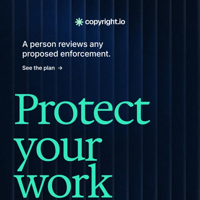 Instagram post for copyright.io: "Continuous protection for creators." Minimal luxury style, oversized layout, dark palette in black, teal.