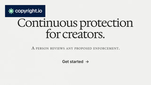 Landscape graphic for copyright.io: "Continuous protection for creators." Swiss style, smallcaps layout, light palette in white, grey.