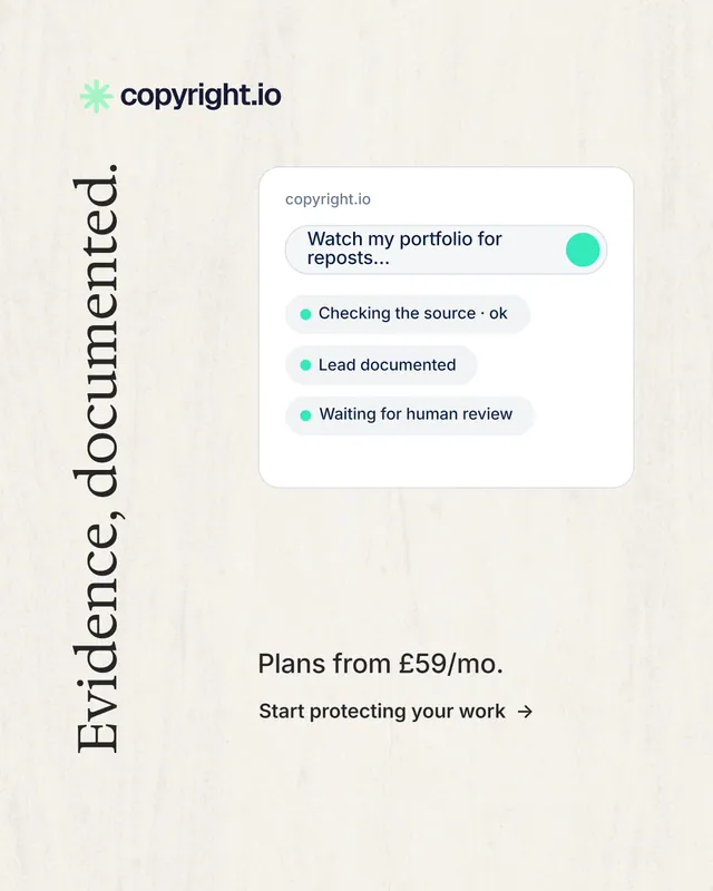 Instagram portrait post for copyright.io: "Evidence, documented." Minimal luxury style, vertical layout, light palette in white.