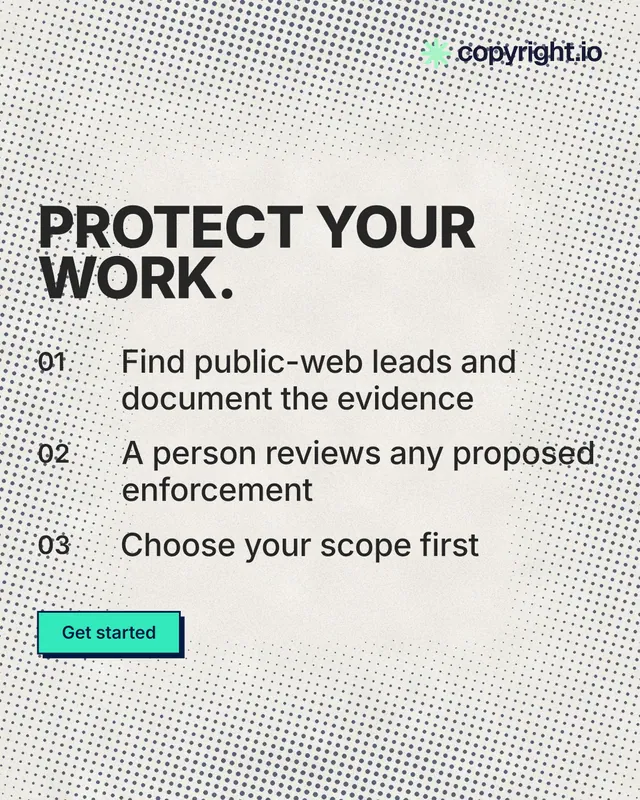 Instagram portrait post for copyright.io: "Protect your work." Brutalist style, numbered layout, light palette in white, grey.