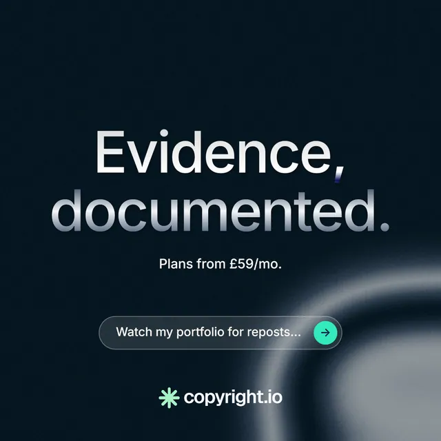 Instagram post for copyright.io: "Evidence, documented." Agentic glass style, centred layout, dark palette in black, grey.