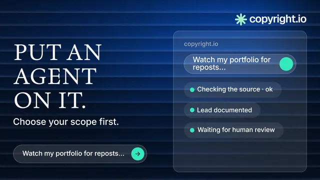 Landscape graphic for copyright.io: "Put an agent on it." Agentic glass style, bottom layout, dark palette in blue, black.
