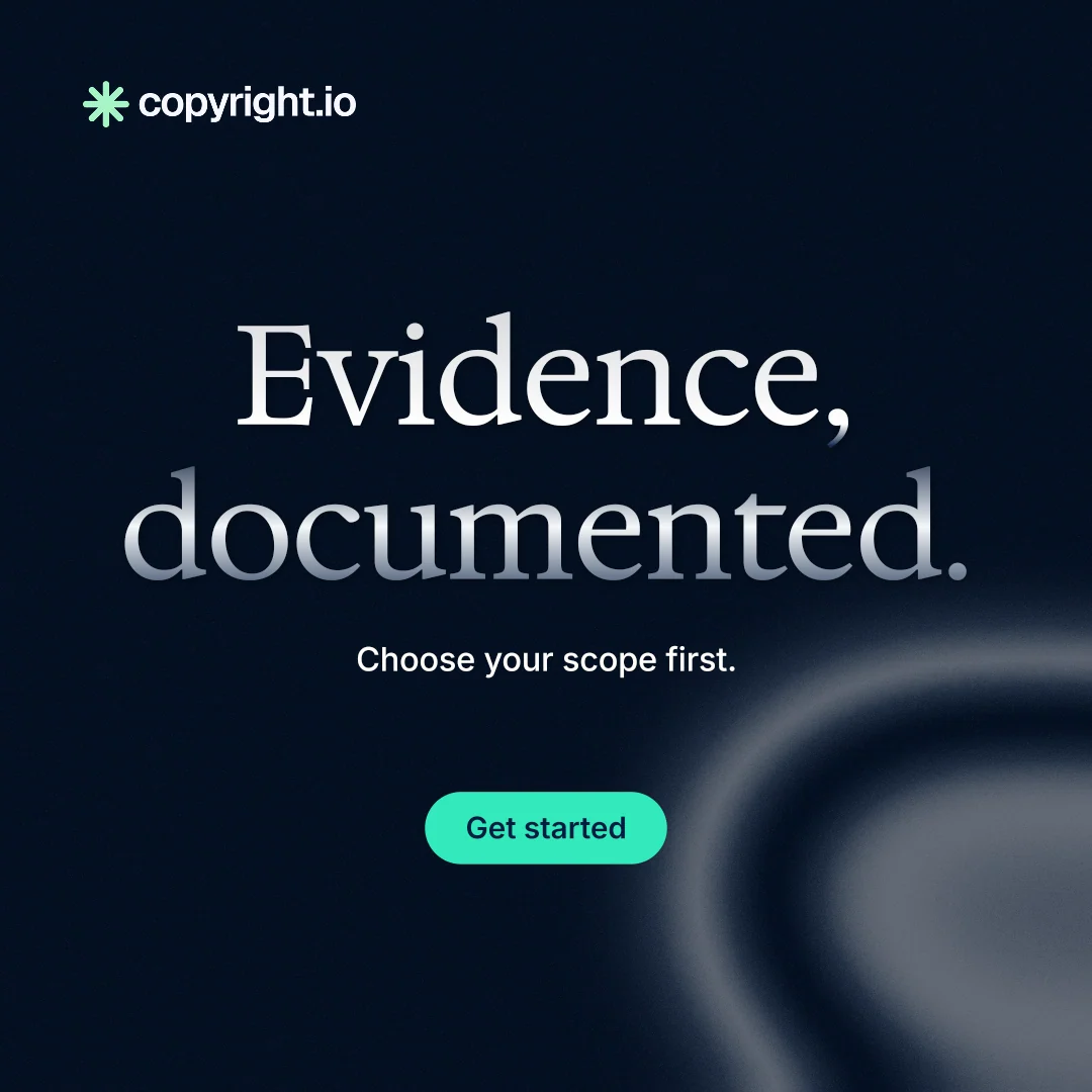 Instagram post for copyright.io: "Evidence, documented." Y2K style, centred layout, dark palette in black, blue.