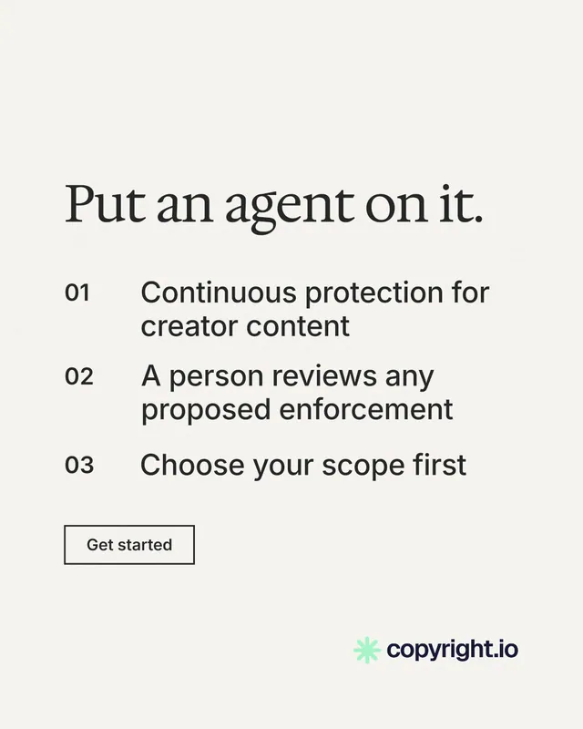 Instagram portrait post for copyright.io: "Put an agent on it." Editorial style, numbered layout, light palette in white, grey.