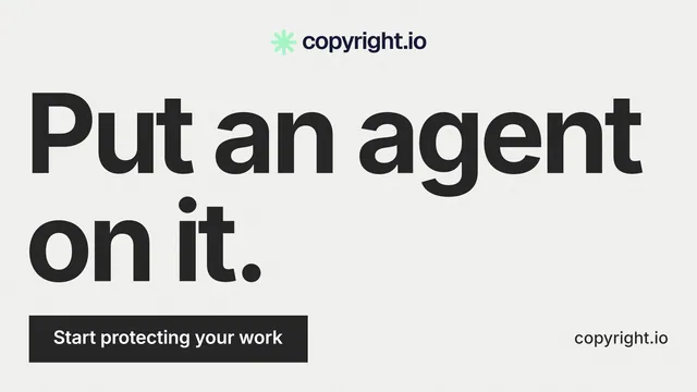 Landscape graphic for copyright.io: "Put an agent on it." Swiss style, poster layout, light palette in white, grey.