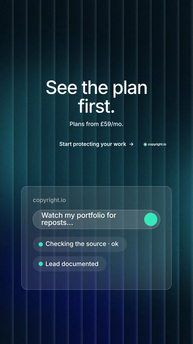 Instagram story for copyright.io: "See the plan first." Minimal luxury style, centred layout, dark palette in blue, black.