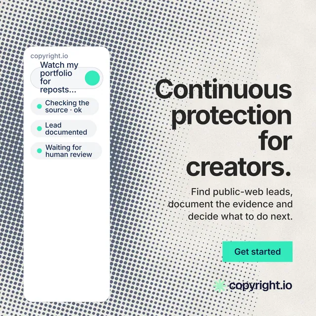 Instagram post for copyright.io: "Continuous protection for creators." Swiss style, right layout, light palette in grey, white.