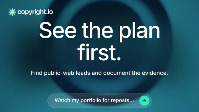 Landscape graphic for copyright.io: "See the plan first." Agentic glass style, centred layout, dark palette in teal, blue.
