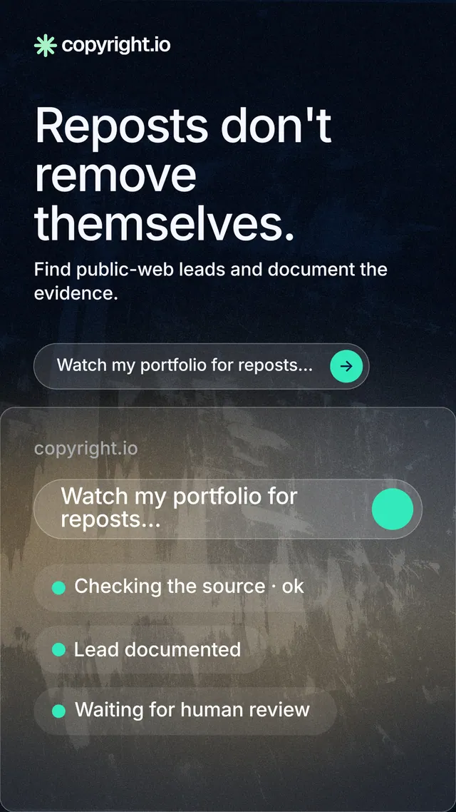 Instagram story for copyright.io: "Reposts don't remove themselves." Agentic glass style, skeleton layout, dark palette in black, grey.