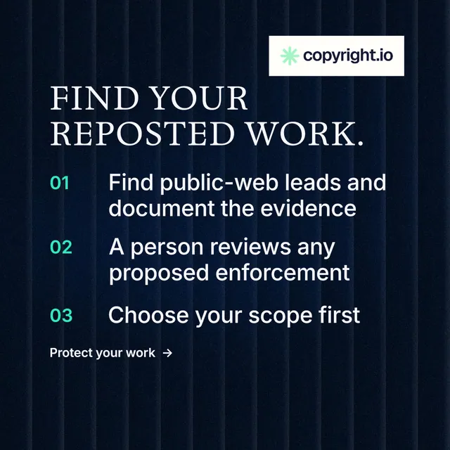Instagram post for copyright.io: "Find your reposted work." Minimal luxury style, numbered layout, dark palette in black, grey, blue.