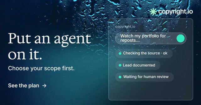 Social ad for copyright.io: "Put an agent on it." Minimal luxury style, bottom layout, dark palette in blue, black.