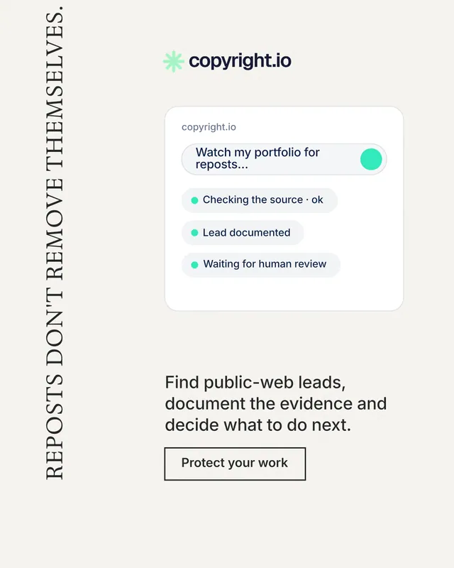 Instagram portrait post for copyright.io: "Reposts don't remove themselves." Editorial style, vertical layout, light palette in white.