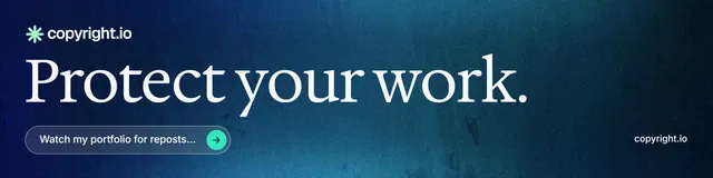 LinkedIn banner for copyright.io: "Protect your work." Agentic glass style, poster layout, dark palette in blue.