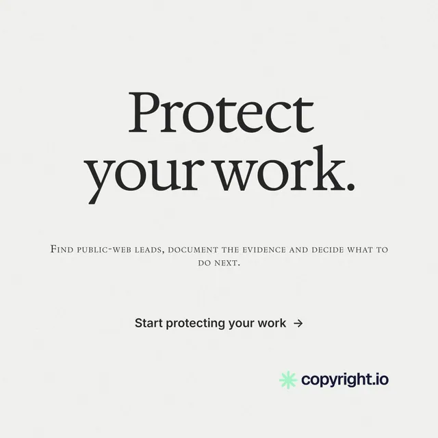 Instagram post for copyright.io: "Protect your work." Editorial style, smallcaps layout, light palette in white.