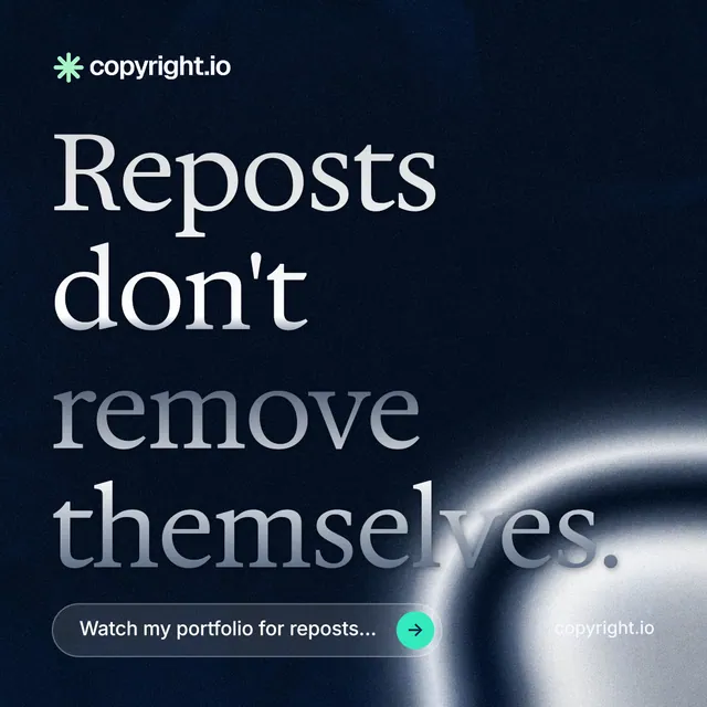Instagram post for copyright.io: "Reposts don't remove themselves." Agentic glass style, poster layout, dark palette in black, grey, blue.