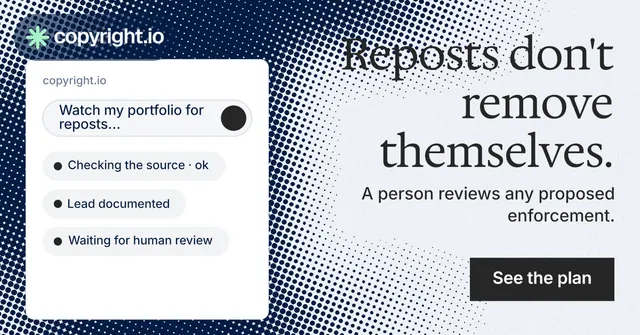 Social ad for copyright.io: "Reposts don't remove themselves." Split block style, right layout, light palette in white, grey, blue.
