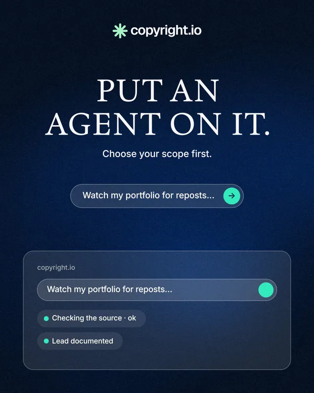 Instagram portrait post for copyright.io: "Put an agent on it." Agentic glass style, centred layout, dark palette in blue, black.