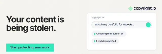 X header for copyright.io: "Your content is being stolen." Swiss style, bottom layout, light palette in white, teal.