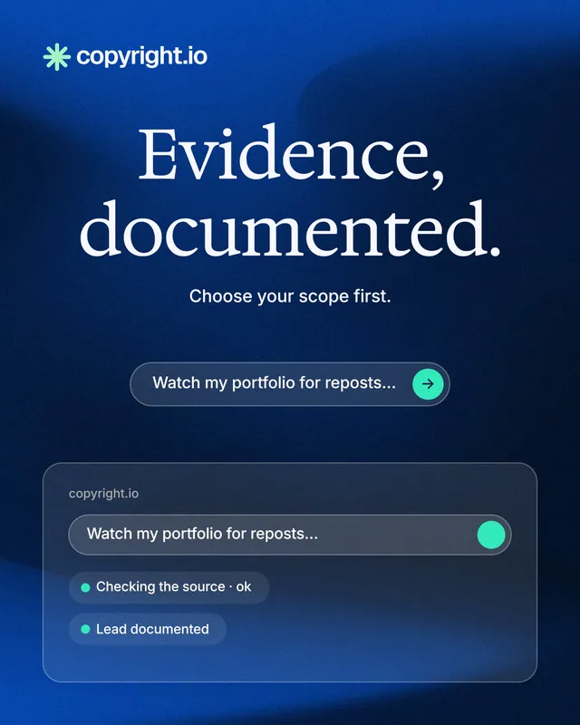 Instagram portrait post for copyright.io: "Evidence, documented." Agentic glass style, centred layout, dark palette in blue, black.