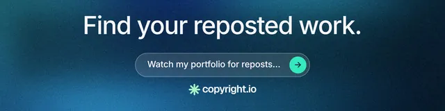 LinkedIn banner for copyright.io: "Find your reposted work." Agentic glass style, skeleton layout, dark palette in blue.