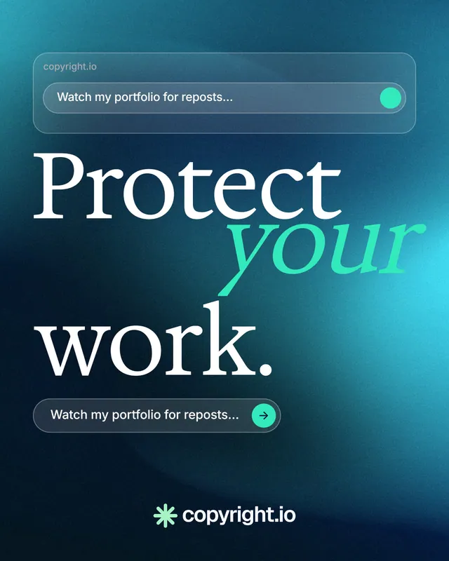 Instagram portrait post for copyright.io: "Protect your work." Agentic glass style, stacked layout, dark palette in black, blue, teal.