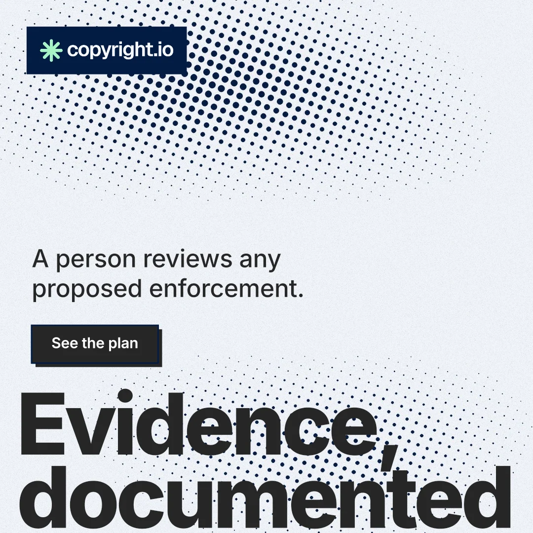 Instagram post for copyright.io: "Your content is being stolen." Brutalist style, oversized layout, light palette in white, grey.