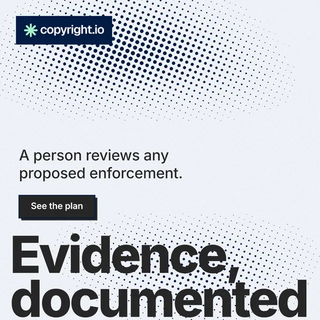 Instagram post for copyright.io: "Your content is being stolen." Brutalist style, oversized layout, light palette in white, grey.