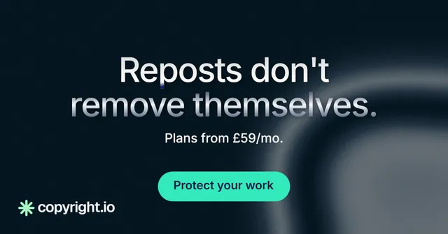 Social ad for copyright.io: "Reposts don't remove themselves." Y2K style, centred layout, dark palette in black, grey, blue.