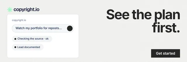 X header for copyright.io: "See the plan first." Swiss style, right layout, light palette in white, grey.